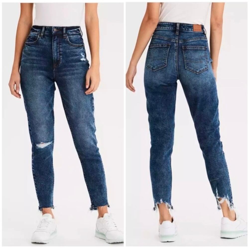 American Eagle Highest Rise Mom Jeans 12 Regular Stretch Distressed Raw Hem